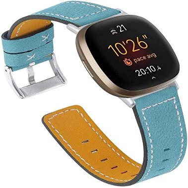 Jennyfly Genuine Leather Band Fitbit Versa, Slim Leather Band Replacement Strap Wristband Adjustable 5.5-7.8 inch for Women Men Compatible with Fitbit Versa/Versa 2/Versa Lite- Blue