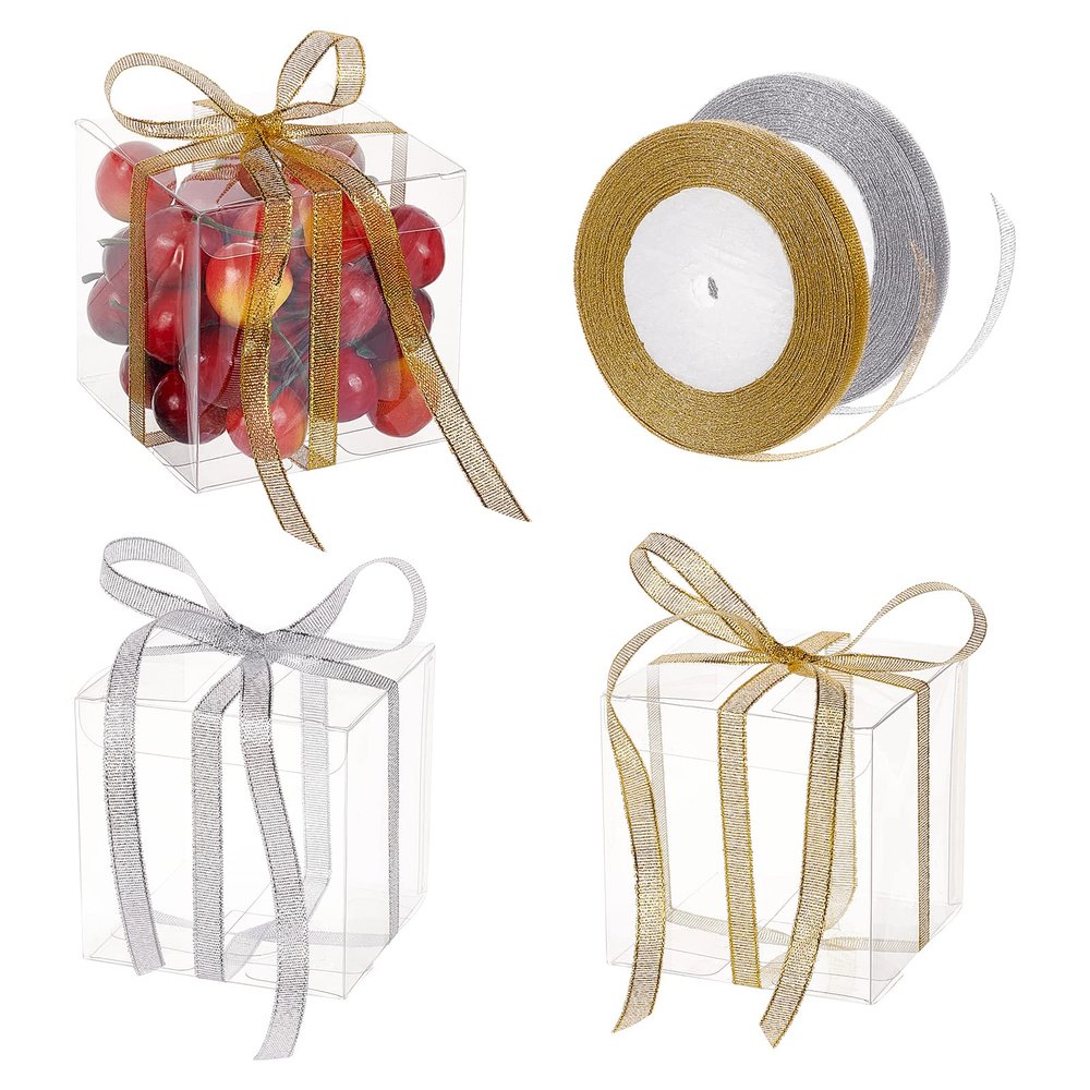 BENECREAT 30Pcs 3.5x3.5x3.5 Clear Plastic Favor Box with 2 Rolls 10mm Wide Gold and Silver Glitter Ribbons for Wedding Party Birthday Candy Choclate Presents
