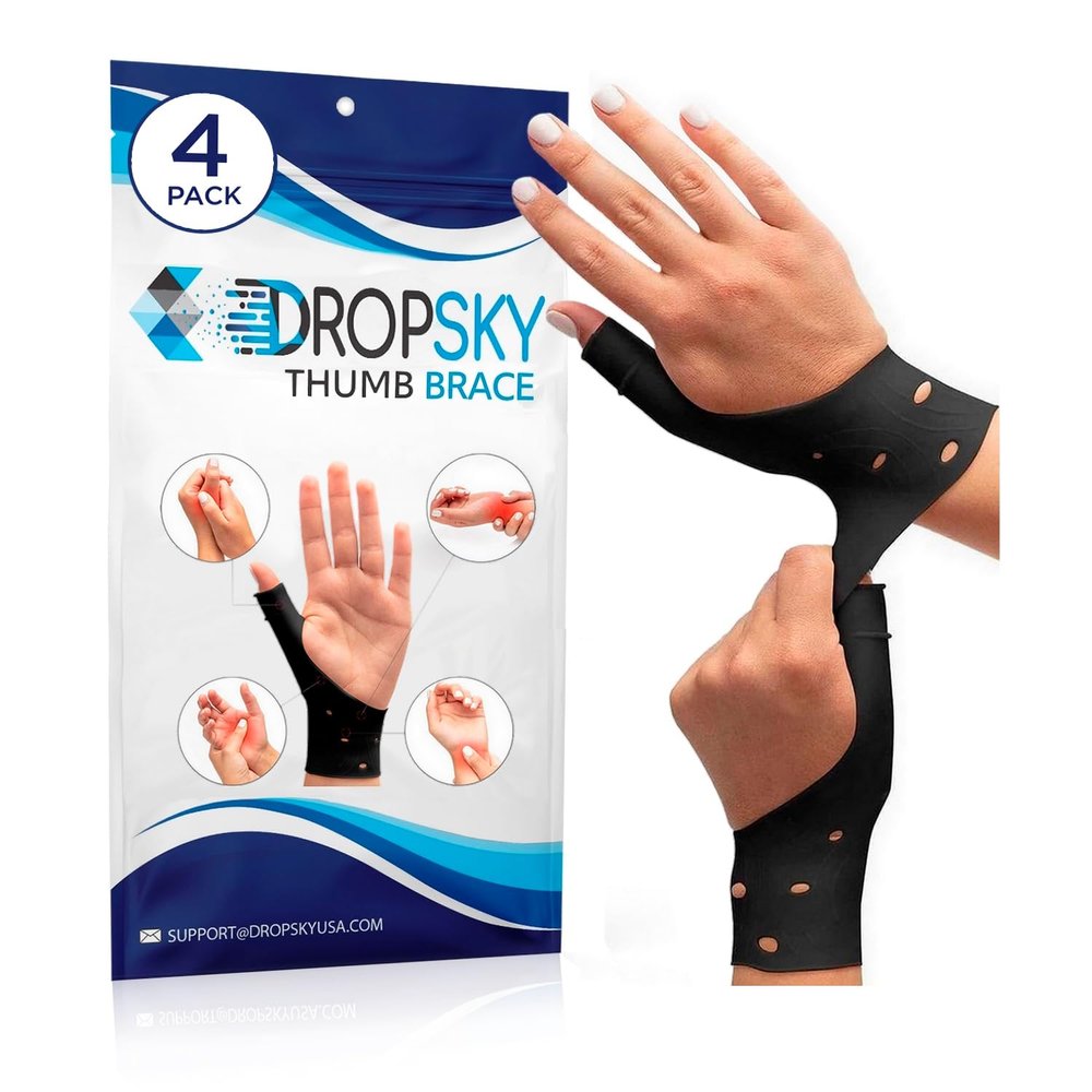 Dropsky Thumb Brace 4 Pack  Waterproof Thumb Splint with Gel Pad for Carpal Tunnel, Arthritis & Trigger Finger Relief  Adjustable Compression Wrist Stabilizer for Left & Right Hand - Black
