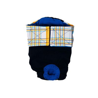Barkertime Blue Yellow Plaid on Black Waterproof Premium Cat Diaper, L, Without Tail Hole - Made in USA
