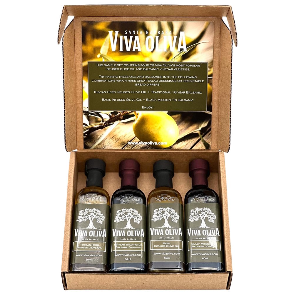Viva Oliva Four 60ml (2oz) Variety Gift Set - Premium Flavored Extra Virgin Olive Oils (Tuscan Herb & Basil) and All Natural Balsamic Vinegars (18 Year Traditional & Black Mission Fig)