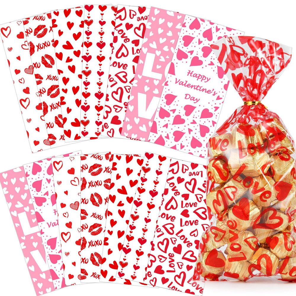 AREOK Valentines Day Candy Goody Bags, Valentine Goodie Bags, 133 Pcs - Valentines Cellophane Treat Bags, Clear Goodie Bags With Ties, Cellophane Cookie Bags, Valentines Day Gift Bags, 7 Designs