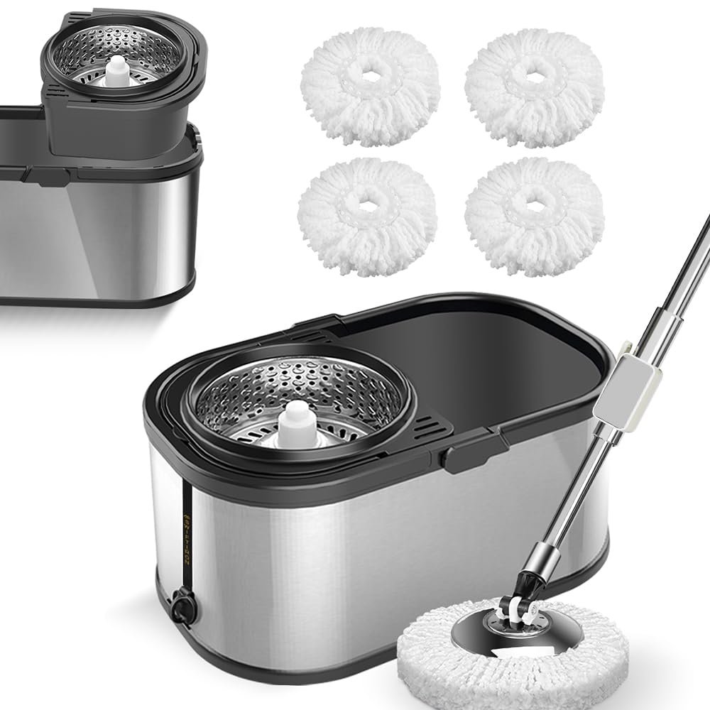 SWIFTIRON Spin Mop and Bucket with Wringer Set for Home,360 Mop and Bucket with Separate Clean and Dirty Water,Wet Dust Mop for Floor Cleaning with Extra Refills (Silver)