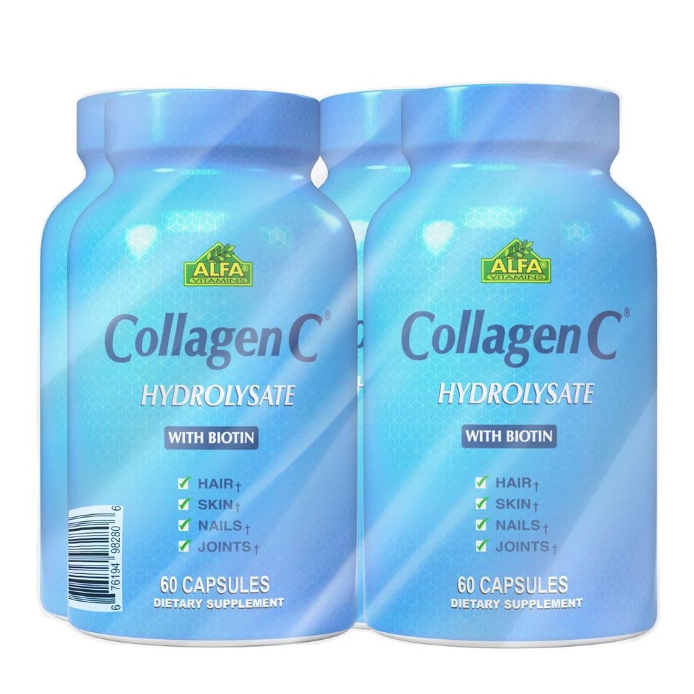 CollagenC Hydrolysate - Collagen Capsules 4 Pack with Biotin & Vitamin C - 60 Capsules per Bottle for Skin, Hair, Nails, Immune & Joint Support - 4 Pack