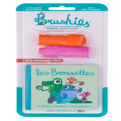 The Brushies Momo & Pinky Toddler Toothbrush 2-Pack & Storybook Set/Dental Item and Book/Youth Tooth & Gum Care/Ages 4 Weeks to 4 Years
