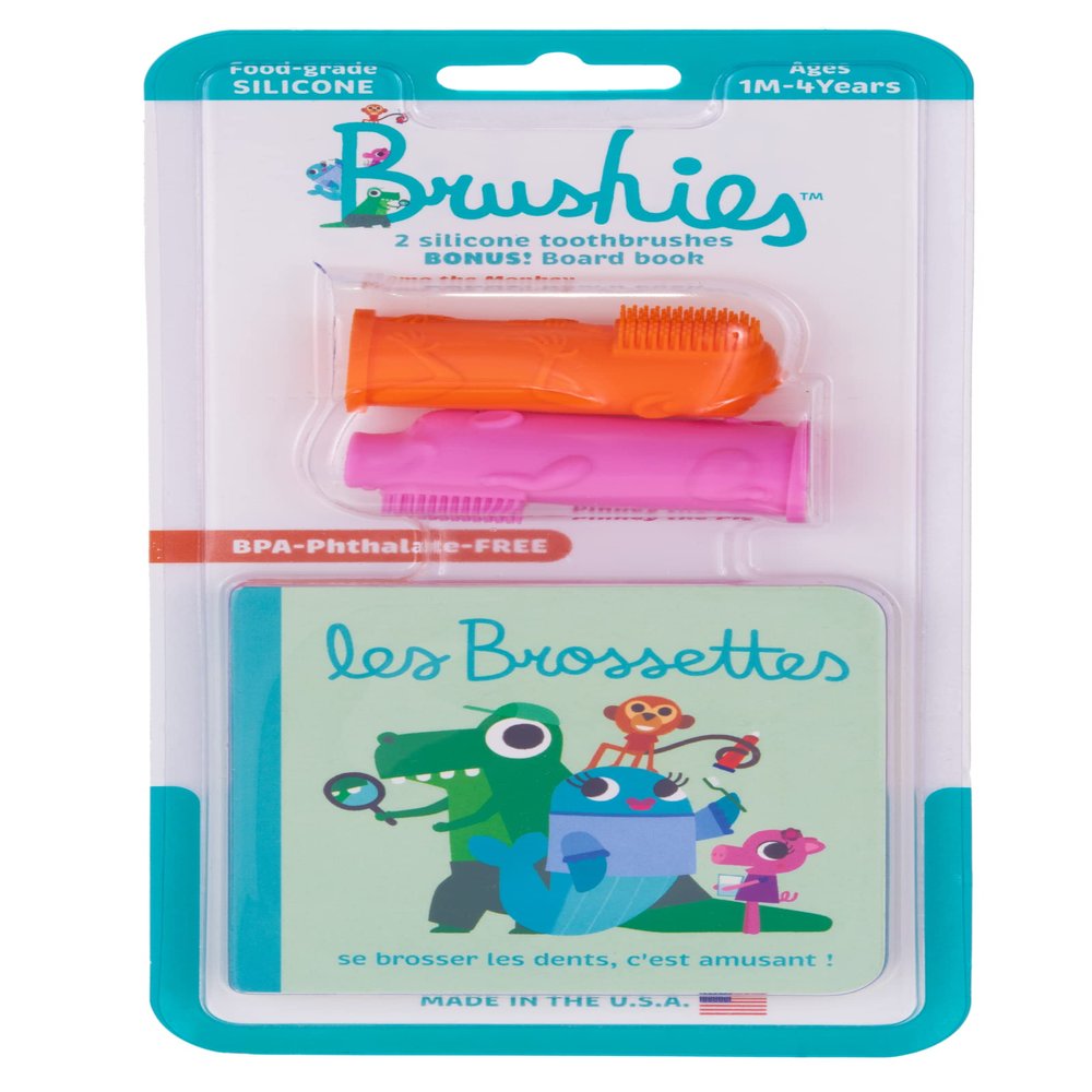 The Brushies Momo & Pinky Toddler Toothbrush 2-Pack & Storybook Set/Dental Item and Book/Youth Tooth & Gum Care/Ages 4 Weeks to 4 Years