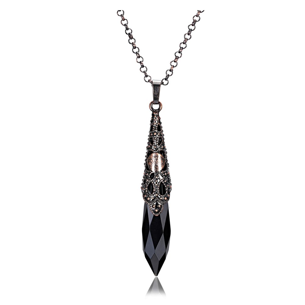 Jovivi Natural Black Obsidian Healing Crystal Necklace Bronze Flower Wrapped Facted Gemstone Pointed Pendant Pendulum for Reiki Divination Wicca Balancing