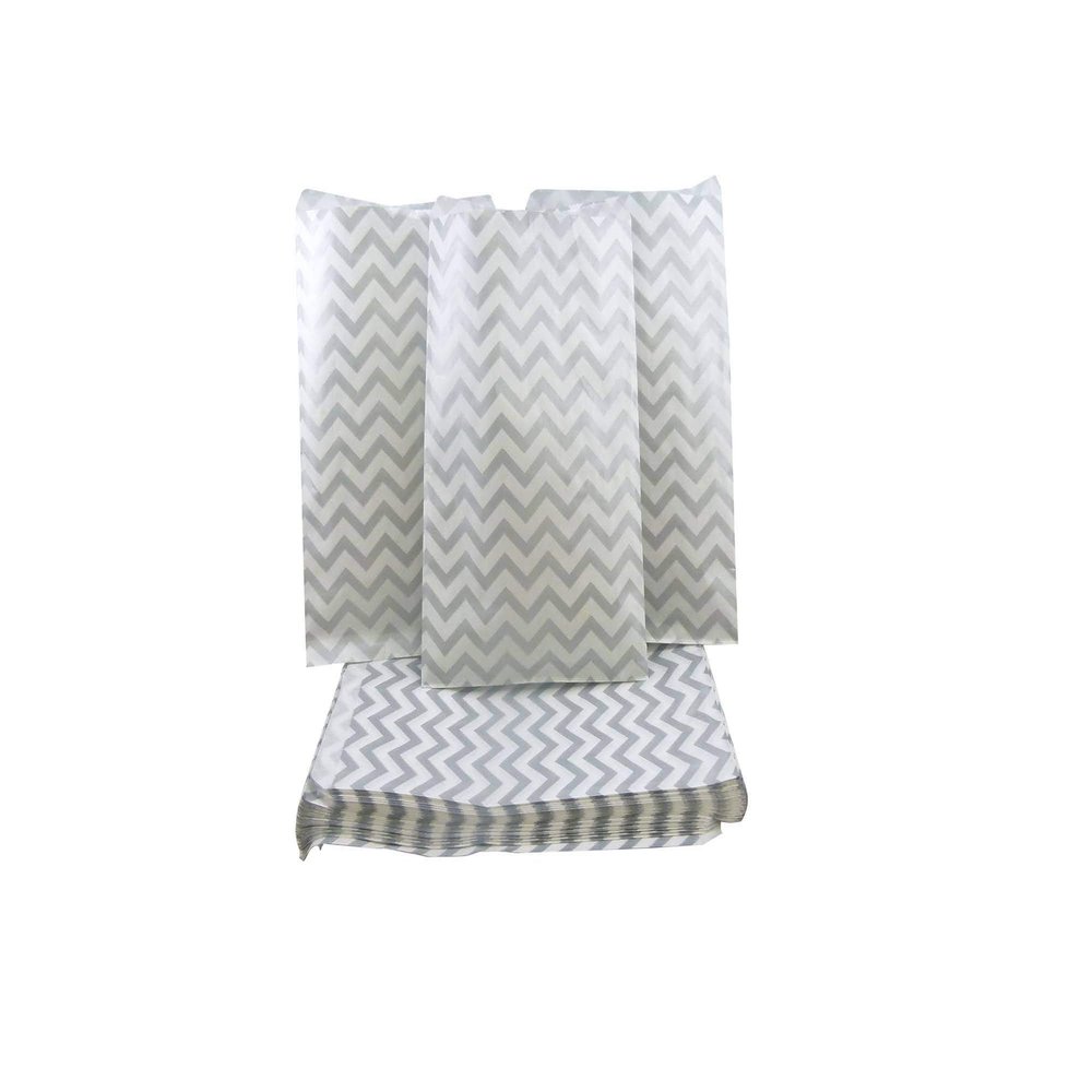 100 Qty 6" x 9" Decorative Flat Paper Gift Bags - Silver Chevron Pattern on White Kraft Bags - for Sales/Treats/Parties Cookies/Gifts - N'icePackaging