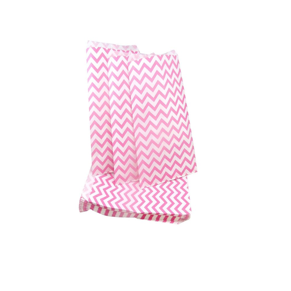 100 Qty 6" x 9" Decorative Flat Paper Gift Bags - Pink Chevron Pattern on White Kraft Bags - for Sales/Treats/Parties Cookies/Gifts - N'icePackaging