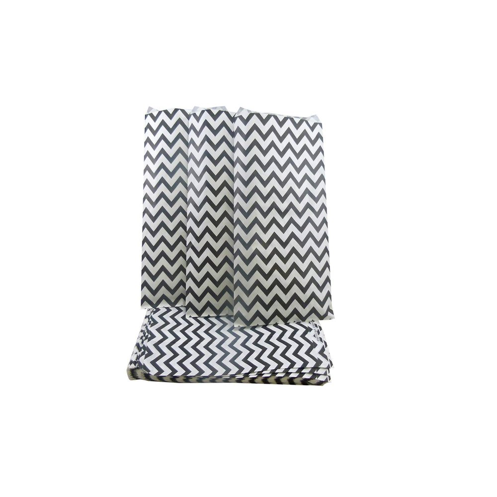 100 Qty 6" x 9" Decorative Flat Paper Gift Bags - Black Chevron Pattern on White Kraft Bags - for Sales/Treats/Parties Cookies/Gifts - N'icePackaging