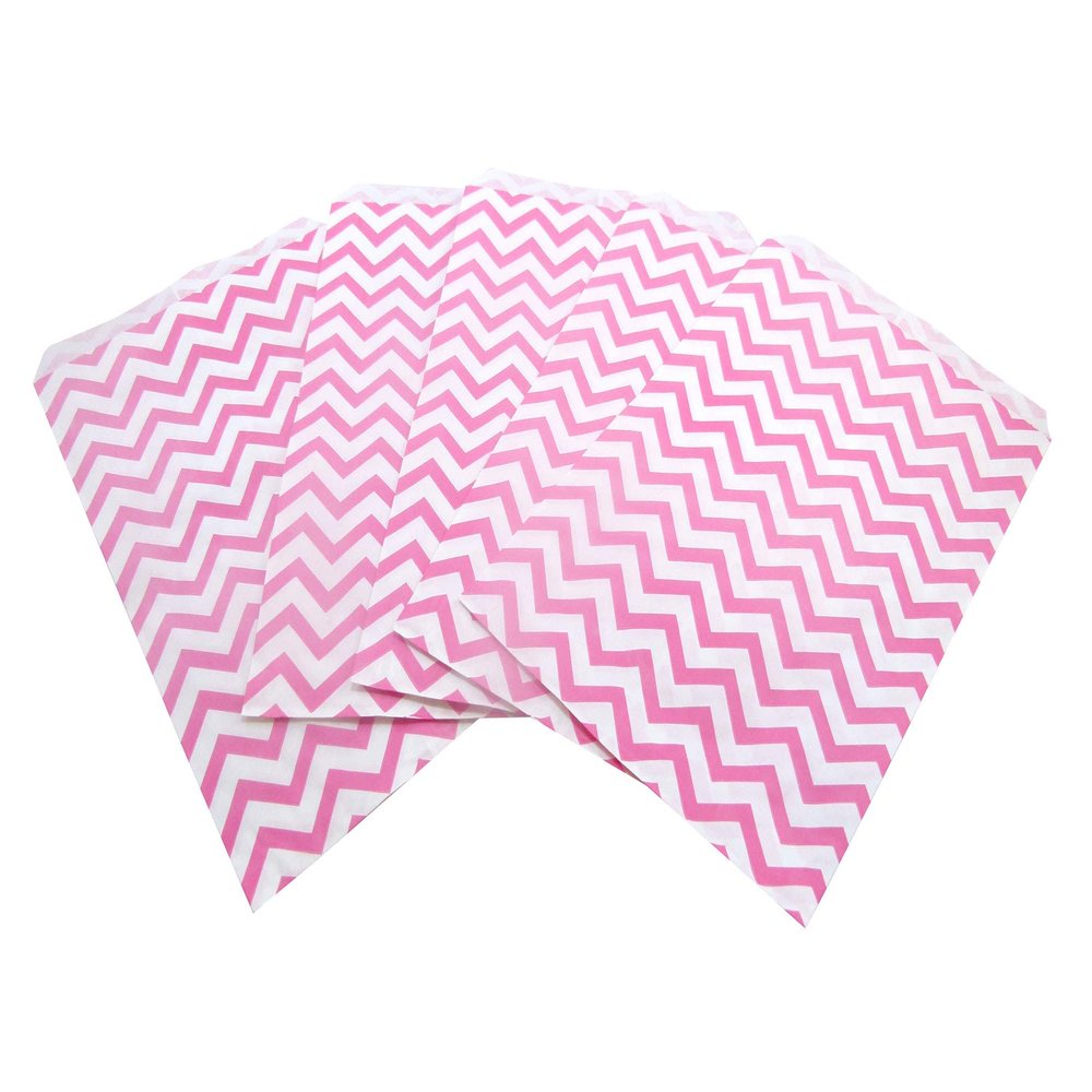 100 Qty 8.5" x 11" Decorative Flat Paper Gift Bags - Pink Chevron Pattern on White Kraft Bags - for Sales/Treats/Parties Cookies/Gifts - N'icePackaging