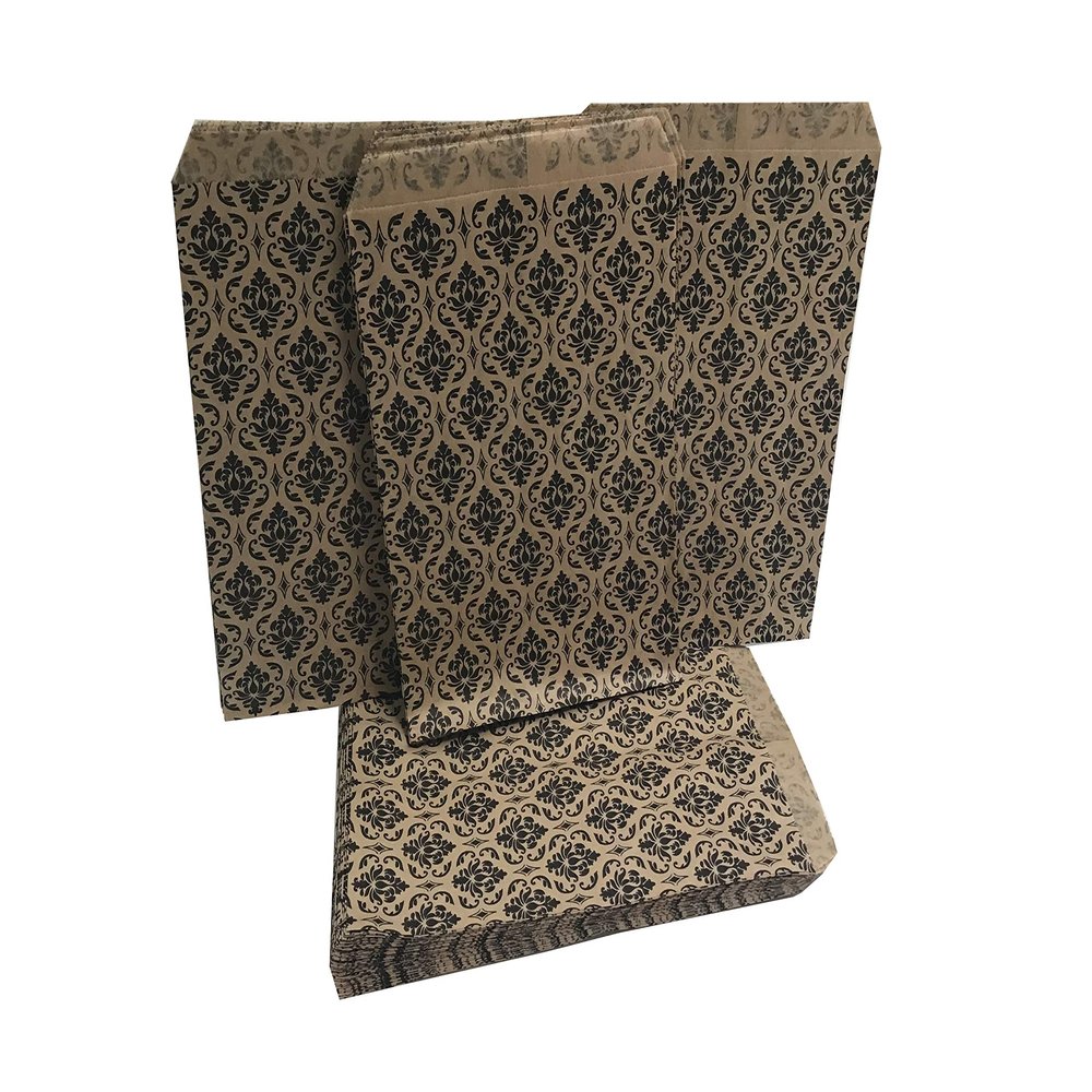 100 Qty 6" x 9" Decorative Flat Paper Gift Bags - Damask Pattern on Brown Kraft Bags - for Sales/Treats/Parties Cookies/Gifts - N'icePackaging