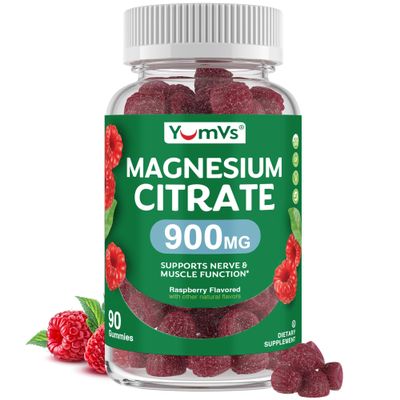 YUM-V'S Magnesium Citrate Gummies  900mg Highly Absorbable Magnesium Gummies for Women & Men to Support Nerve, Muscle & Enzyme Function  Gluten-Free, Kosher & Raspberry Flavor (90 Count)