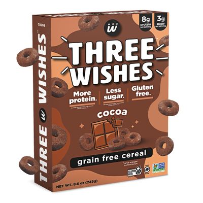 Plant-Based and Vegan Breakfast Cereal by Three Wishes - Cocoa, 1 Pack - More Protein and Less Sugar Snack - Gluten-Free, Grain-Free - Non-GMO