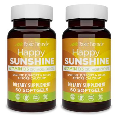 Basic Brands Happy Sunshine Vitamin D3, 2000IU, 60 Count (Pack of 2)