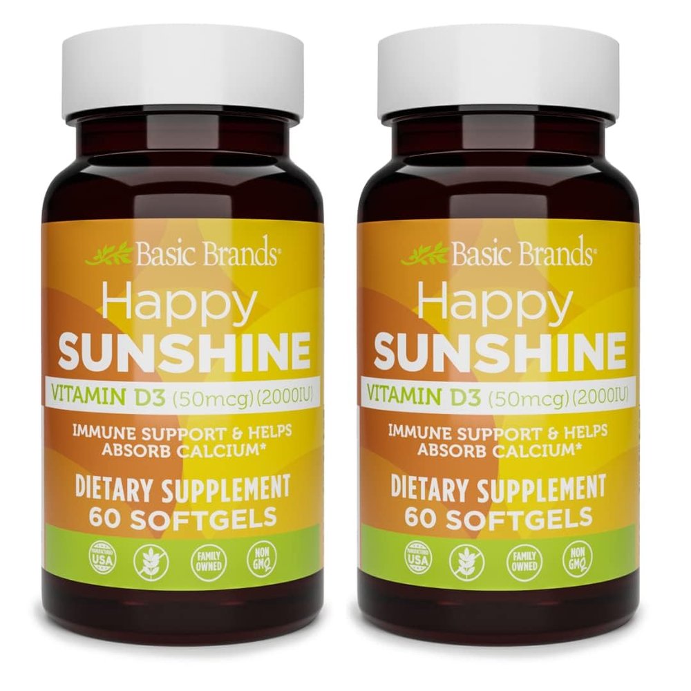 Basic Brands Happy Sunshine Vitamin D3, 2000IU, 60 Count (Pack of 2)