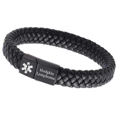 Free Customized Medical First Aid Bracelets for Women Men Leather Hodgkin Lymphoma Alert ID Wristband for Emergency,Black