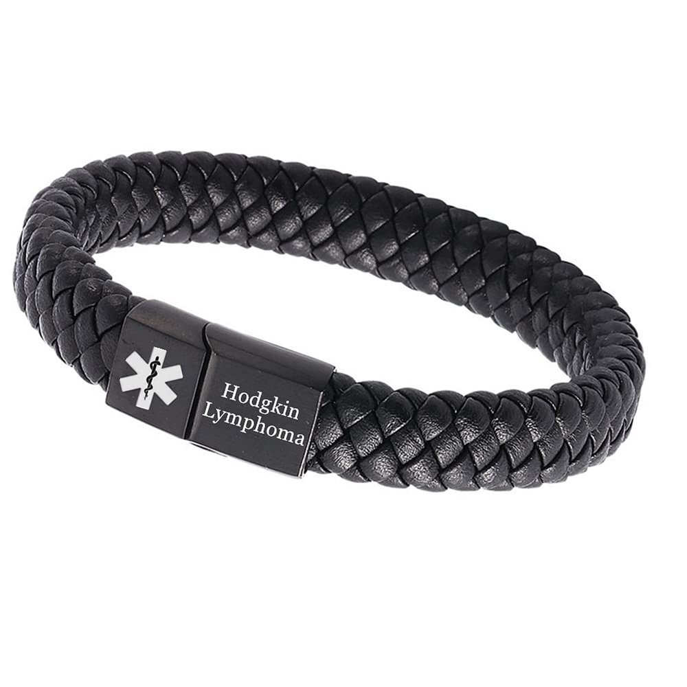 Free Customized Medical First Aid Bracelets for Women Men Leather Hodgkin Lymphoma Alert ID Wristband for Emergency,Black