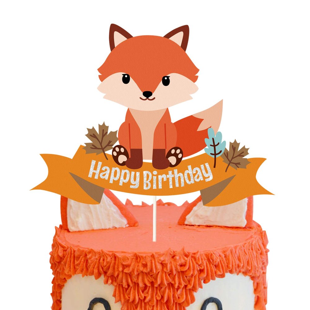 Glitter Fox Happy Birthday Cake Topper Animal Theme for Baby Shower or kids Birthday Party Decor Supplies
