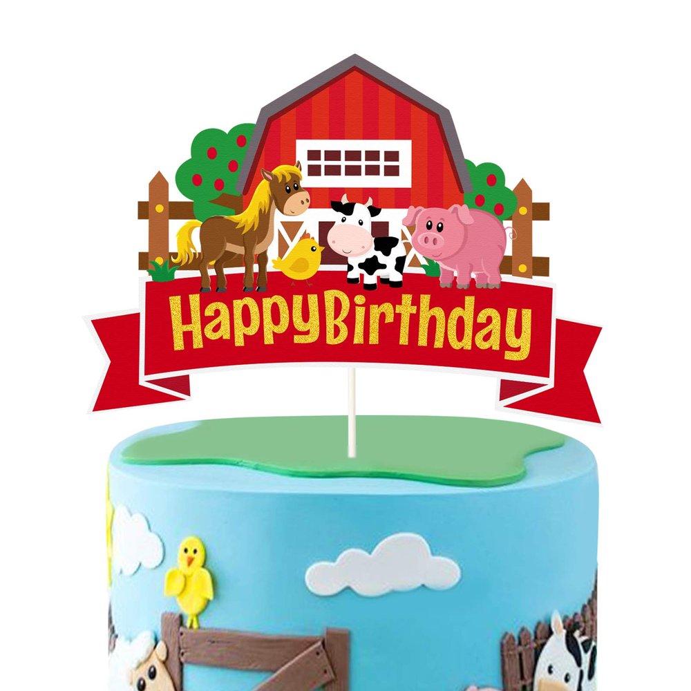 Glitter Farm Animal Happy Birthday Cake Topper,Barn Farm Themed Cake Decor,Barnyard Farmhouse Farm Animals Baby Shower Birthday Party Decorations