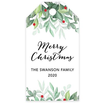Andaz Press Personalized Christmas Holiday Season Classic Gift Tags, Merry Christmas Custom Family Name and Year, Watercolor Holly Leaves Design, for Holiday Events, Parties, and Favors, 60-Pack