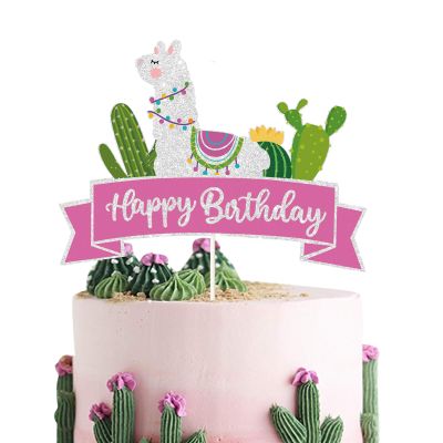 Glitter Llama Cactus Happy Birthday Cake Topper, Mexican Fiesta Theme for Baby Shower or kids Birthday Party Decor Supplies