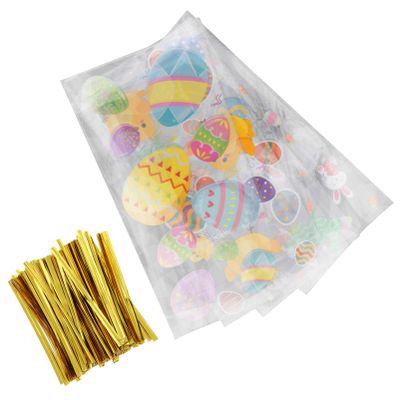 EXCEART 400pcs Easter Candy Treat Bags Ties Colorful Opp Packaging for Chocolates Biscuits Party Favors for Easter Celebrations Boys and Girls Events
