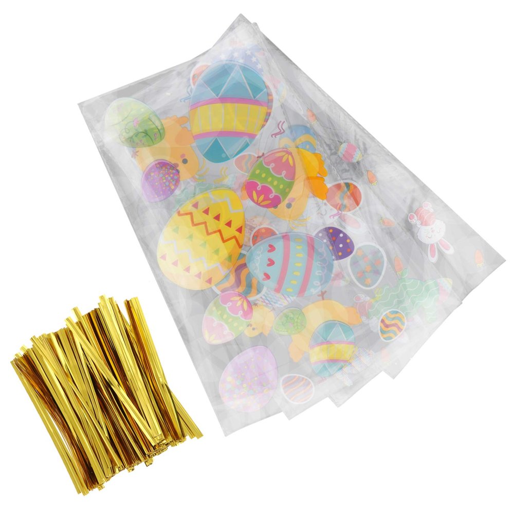 EXCEART 400pcs Easter Candy Treat Bags Ties Colorful Opp Packaging for Chocolates Biscuits Party Favors for Easter Celebrations Boys and Girls Events