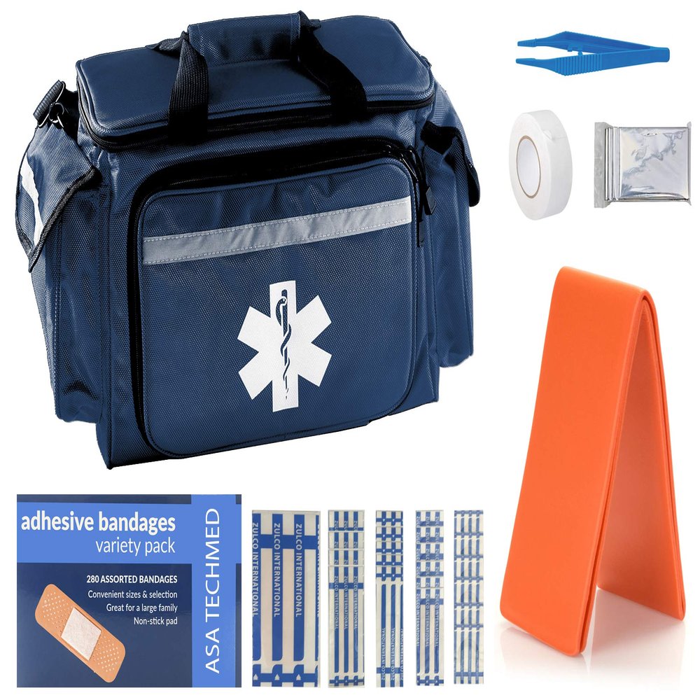 ASA TECHMED EMT First Responder Trauma Bag | Empty Deluxe EMS Shoulder Bag | Pro First Aid Kit Bag with 4 Large Compartments for Emergency Medical Supplies - Includes 280 Bandage Variety Pack (Blue)