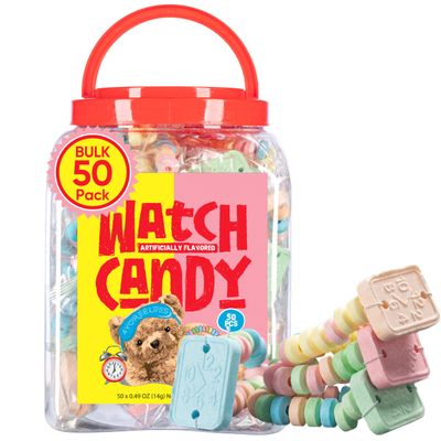50 Candy Bracelet Watches, Nostalgic Easter Candy Jewelry Individually Wrapped, Delicious and Perfect for Party Favors, Goody Bags and Birthdays, by 4YoreElves, Pack of 50 x 0.42oz
