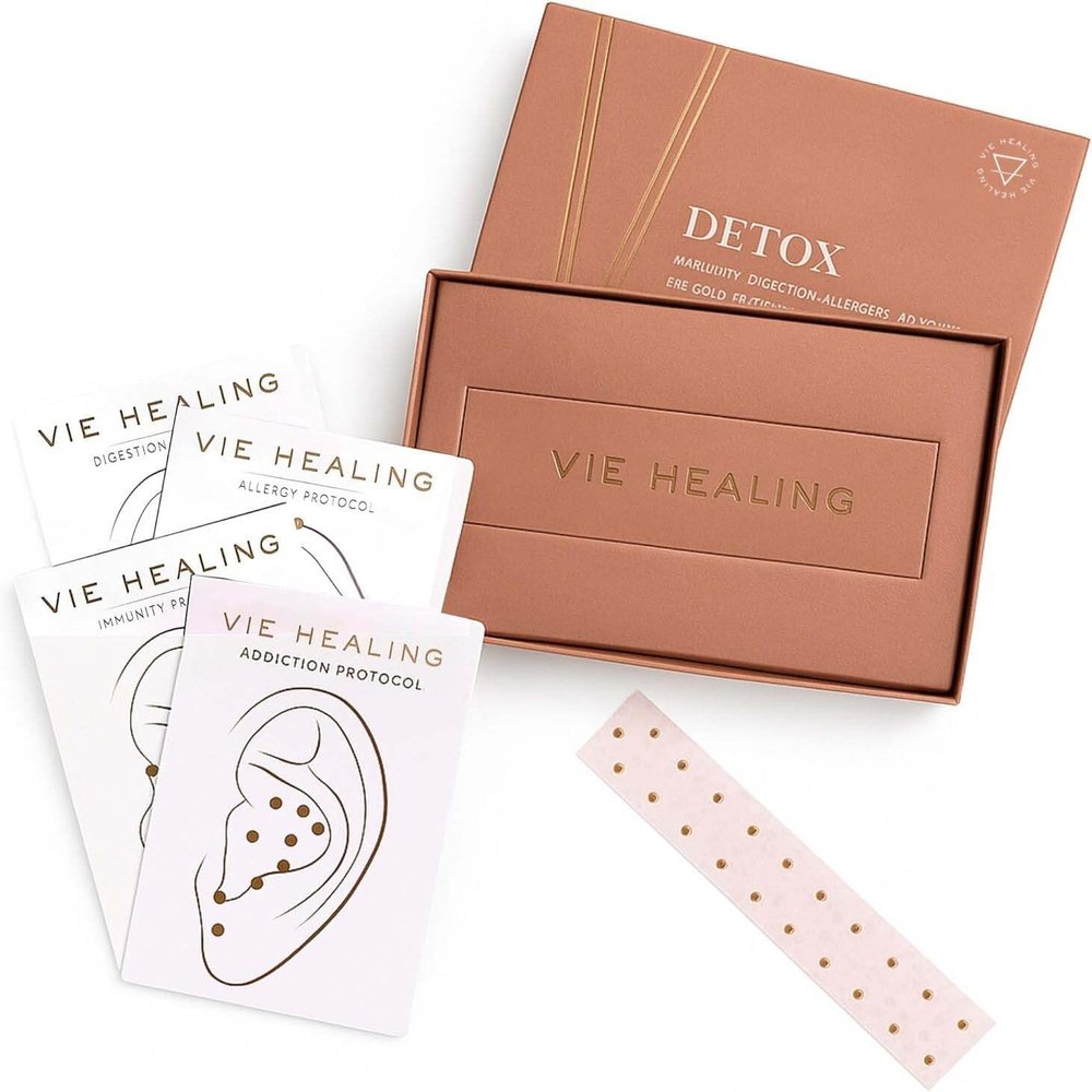 Vie Healing 24k Gold Ear Seeds with Ear Chart - Ear Seed Acupressure Kit for Reflexology and Energy Flow - Acupressure Ear Seeds for Immune System Booster, Allergies, & Digestive Health - (Detox)