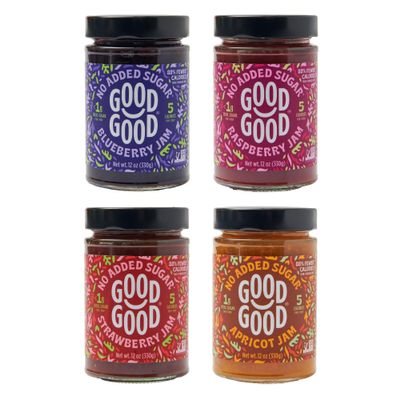 GOOD GOOD No Added Sugar Fruit Jam Variety Pack of 4 - Keto Friendly Jelly - Blueberry, Raspberry, Strawberry and Apricot Jam - Low Carb, Low-Calorie and Vegan - 12oz / 330g Jars