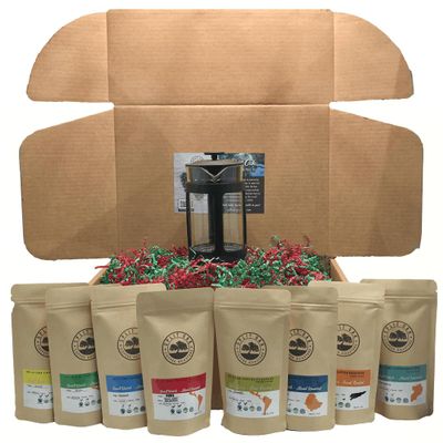 Coffee Gift Box Set 8 Assorted Coffees 2oz plus1 French Press Glass Coffee Maker. Amazing coffees from all over the world.