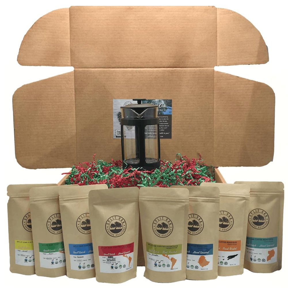 Coffee Gift Box Set 8 Assorted Coffees 2oz plus1 French Press Glass Coffee Maker. Amazing coffees from all over the world.