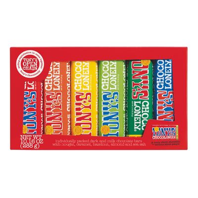 Tonys Chocolonely Rainbow Chocolate Candy Bar Variety Pack, Belgian Dark & Milk Chocolate With Sea Salt, Caramel, Almond, Hazelnut, & Nougat, Made From Quality Fairtrade Cocoa, 6 Bars, 10.16 Oz