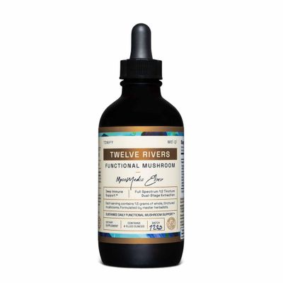 RAW Forest Foods Twelve Rivers Functional Mushroom MycoMedic Elixir Tincture 1:2 True Dual-Stage Extraction Spiced Winter Chai 4 Fluid Ounce Bottle