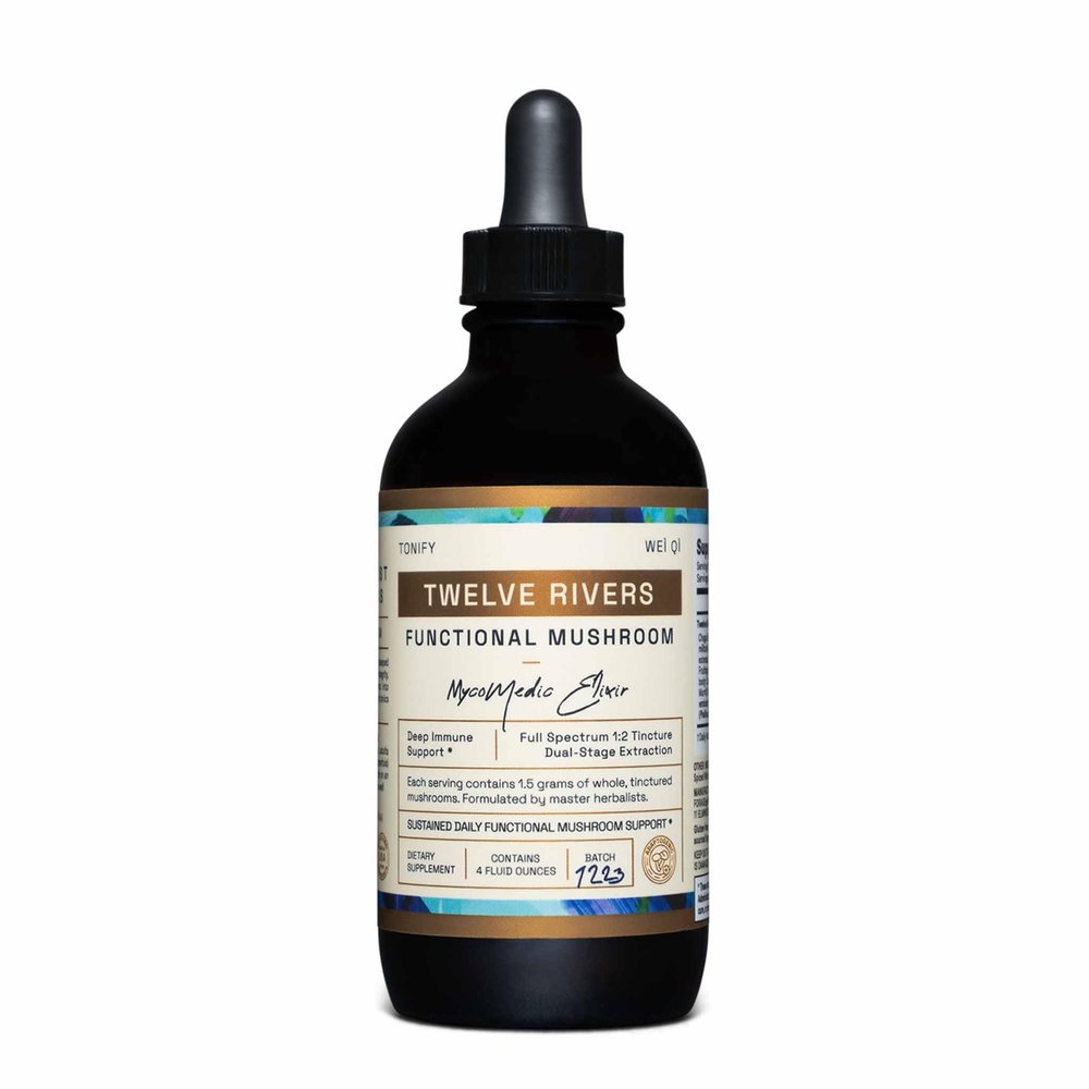 RAW Forest Foods Twelve Rivers Functional Mushroom MycoMedic Elixir Tincture 1:2 True Dual-Stage Extraction Spiced Winter Chai 4 Fluid Ounce Bottle