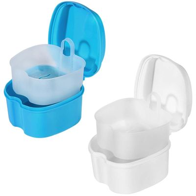 KISEER 2 Pack Colors Denture Bath Case Cup Box Holder Storage Soak Container with Strainer Basket for Travel Cleaning (White and Light Blue)