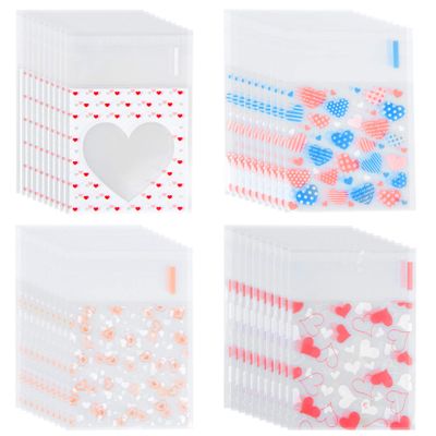 Bskifnn 400PCS Valentine Cellophane Bags Love Heart Printed Self Adhesive Cookie Treat Bags Gift Bags for Valentine's Day Party Supplies 4 Styles Valentine's Day Mother's Day