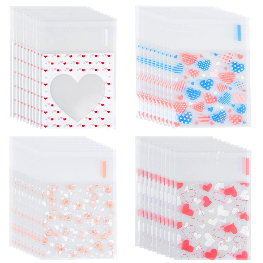 Bskifnn 400PCS Valentine Cellophane Bags Love Heart Printed Self Adhesive Cookie Treat Bags Gift Bags for Valentine's Day Party Supplies 4 Styles Valentine's Day Mother's Day