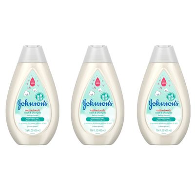 Johnson's CottonTouch Newborn Baby Wash & Shampoo with No More Tears, Sulfate-, Paraben- Free for Sensitive Skin, Made with Real Cotton, Gently Washes Away Dirt & Germs, 13.6 fl. oz, Pack of 3