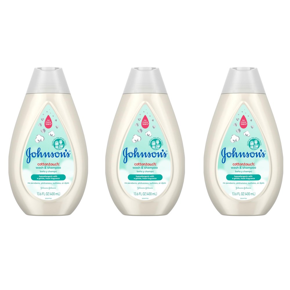 Johnson's CottonTouch Newborn Baby Wash & Shampoo with No More Tears, Sulfate-, Paraben- Free for Sensitive Skin, Made with Real Cotton, Gently Washes Away Dirt & Germs, 13.6 fl. oz, Pack of 3