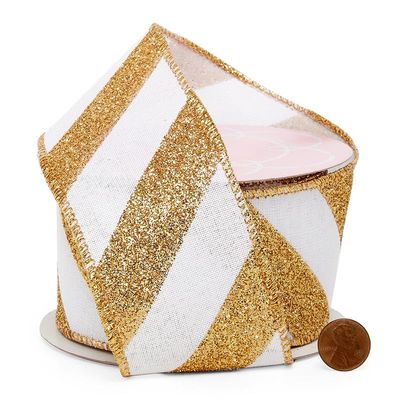 2 1/2" X 10 Yards Diagonal Glitter Striped Faux Linen Wired Ribbon - White/Gold
