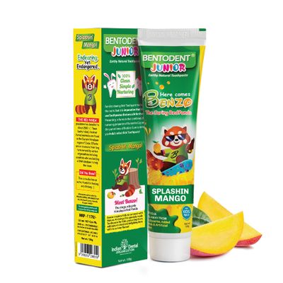 Bentodent Fluoride Free Kids Toothpaste - Natural Calcium Bentonite Clay Toothpaste - SLS Free, Fresh Breath, Plaque Removal by Brushing (Mango)