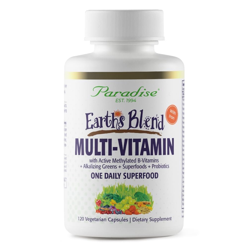 Paradise Herbs Earth's Blend Women's Once Daily Multivitamin with Iron, 48 Organic Superfoods, Probiotics, Antioxidants, Vitamins A, B12, C, D, K2, 120 Capsules