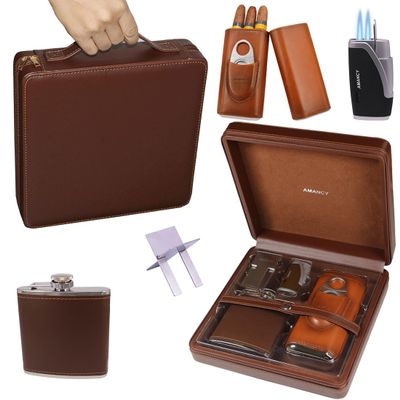 AMANCY All-in-one Travel Leather Cigar Humidor Box with Torch Cigar Lighter,Cutter and Stand Gift Set,Portable Multifunctional Travel Cigar Case Flask Combo Kits