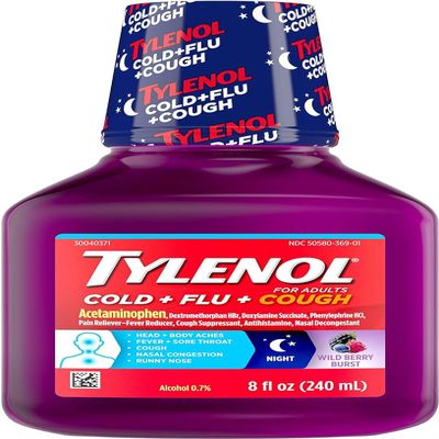 Tylenol Cold & Flu Tylenol Cold + Flu + Cough Night Liquid Medicine with Acetaminophen, Wild Berry, 8 Fl. Ounce, 8.0 Fl Ounce (Pack of 3)