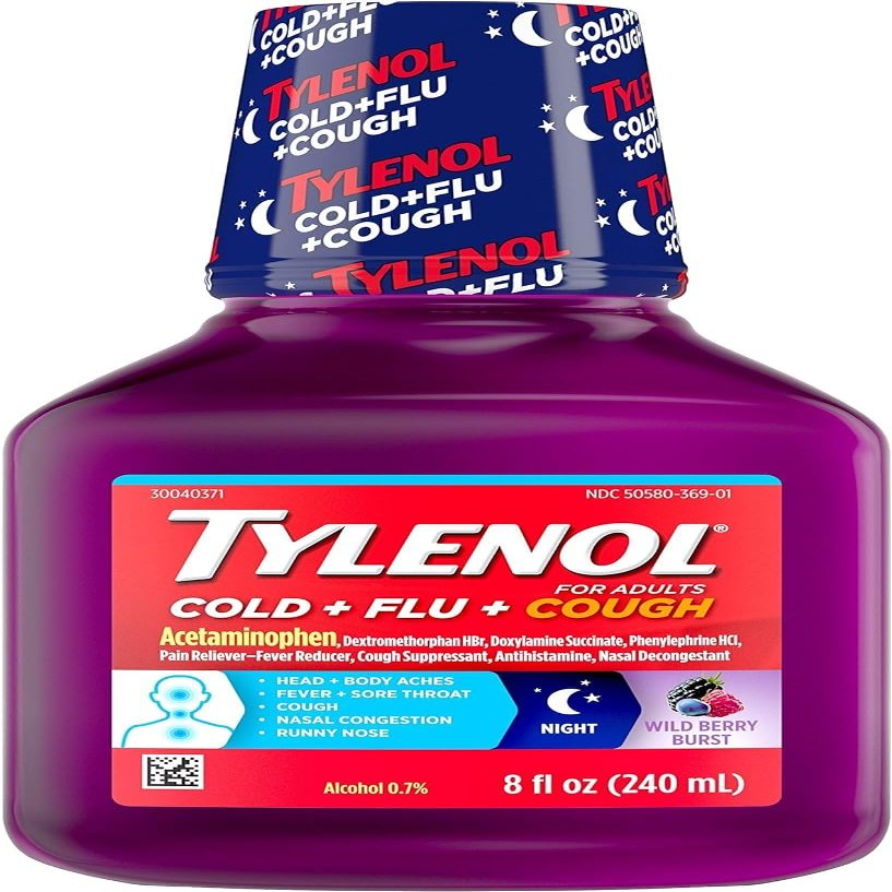 Tylenol Cold & Flu Tylenol Cold + Flu + Cough Night Liquid Medicine with Acetaminophen, Wild Berry, 8 Fl. Ounce, 8.0 Fl Ounce (Pack of 3)
