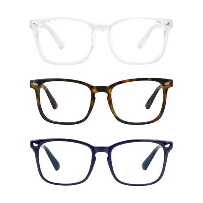 LAMBBAA Vintage Square Blue Light Blocking Glasses 3 Packs Anti Eyestrain UV Filter Computer Glasses Anti-Blue Light Glasses for Men Women (Transparent+Navy+Amber, No Magnification)