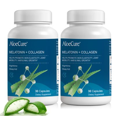AloeCure Natural Melatonin + Collagen with Organic Aloe Vera - Natural Sleep Aid Supplement for Restful Nights - Collagen Complex for Joint Strength, Skin Elasticity, Hair & Nail Growth, 30 Capsules